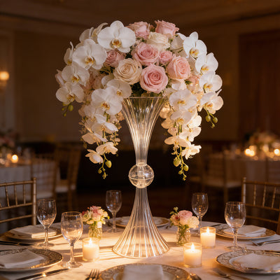 4 Pack Ribbed Acrylic Trumpet Vases – 32" Clear Reversible Flower Centerpiece with Crystal Ball Accent