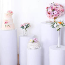 Set of 5 White Metal Cylinder Pillar Prop Stands For Wedding Aisle, Round Plinth Pedestal Display