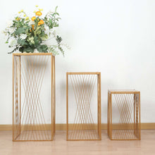 Set of 3 Gold Metal Square Plinth Pedestal Stands with Geometric Crossed Lines Pattern