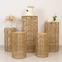 Set of 5 Natural Woven Rattan Wicker Plant Stands, Farmhouse Side Table Cylinder Cake Pedestal