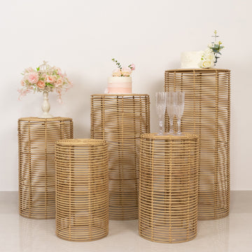 Set of 5 Natural Woven Rattan Wicker Plant Stands, Farmhouse Side Table Cylinder Cake Pedestal Dessert Display Stands - 20",21",24",29",36"