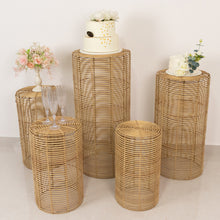 Set of 5 Natural Woven Rattan Wicker Plant Stands, Farmhouse Side Table Cylinder Cake Pedestal