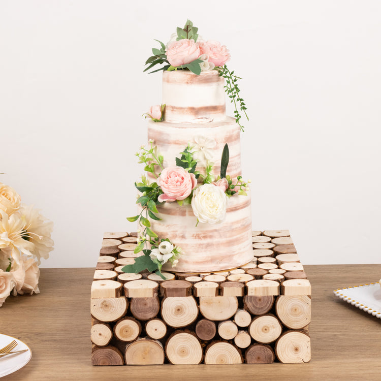 Natural Wooden Slices Square Cake Dessert Stand, Rustic Farmhouse Display Box Pedestal Riser Plant