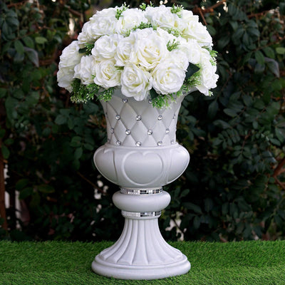2 Pack White Crystal Beaded Italian Inspired Pedestal Stand Flower Plant Pillar With 10mm Crystal Studs PVC 18" Tall