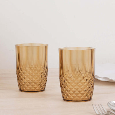 6-Pack Transparent Plastic All-Purpose Cups 16oz, Crystal Cut Style Amber Gold - Shatterproof Short Tumblers