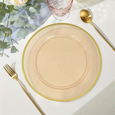10-Pack Economy Plastic Charger Plates 12" Round Amber Gold with Wide Gold Rim - Dinner Party Serving Plates