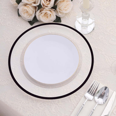 10-Pack Economy Plastic Charger Plates 12" Round Clear with Wide Black Rim - Dinner Party Serving Plates