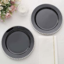 10 Pack | 8inch Black / Silver Beaded Rim Plastic Dessert Appetizer Plates, Disposable Salad Plates