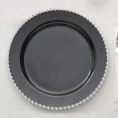 10-Pack Plastic Round Dinner Plates 10" Black with Silver Beaded Rim - Disposable Party Plates