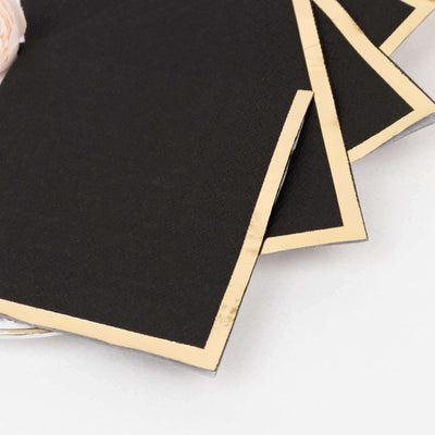 50-Pack Paper Beverage Napkins 2 Ply Black with Gold Foil Edge 5"x5" - Soft Disposable Cocktail Napkins 18GSM
