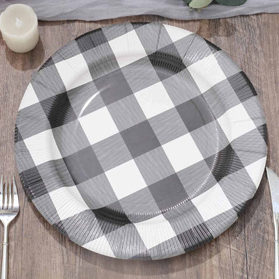 10-Pack Buffalo Plaid Paper Charger Plates – Black/White 13" Round Disposable Table Chargers, 350 GSM Cardstock