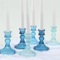 6 Pack Assorted Blue Glass Taper Candlestick Holders with Diamond Pattern, Reversible Crystal Pillar Votive Candle Stands - 4"