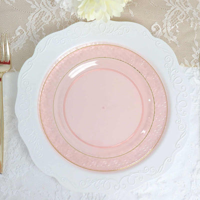 10-Pack Plastic Round Appetizer Plates 7.5" Blush Hammered Design with Gold Rim - Disposable Salad Plates for Stylish Weddings & Celebrations