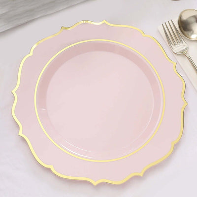 10-Pack Plastic Round Dinner Plates 10" Blush with Gold Scalloped Rim - Disposable Party Plates