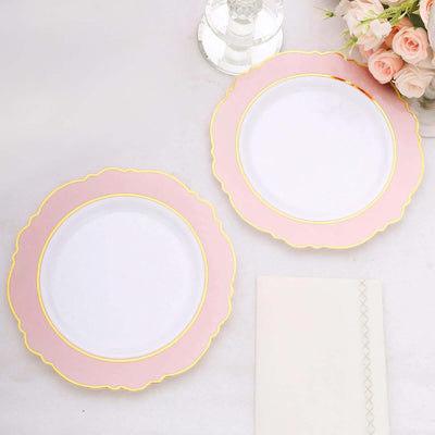 10-Pack Plastic Round Dessert Plates 8" White with Blush Blossom Design & Gold Edging - Disposable Salad Appetizer Plates