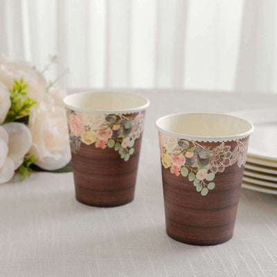 24-Pack Paper Cups 9oz Brown Wood Print with Floral Lace Rim - Rustic Disposable Party Cups for Farmhouse Events & Country Gatherings