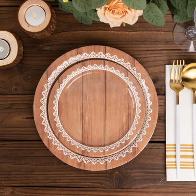 25-Pack Paper Round Dessert Plates 7" Brown Wood Grain Print with White Floral Lace Rim - Rustic Farmhouse Style Disposable Appetizer Salad Plates