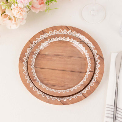 25-Pack Paper Round Dessert Plates 7" Brown Wood Grain Print with White Floral Lace Rim - Rustic Farmhouse Style Disposable Appetizer Salad Plates