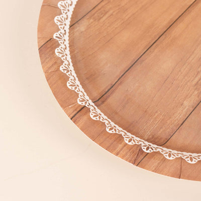 25-Pack Paper Round Dessert Plates 7" Brown Wood Grain Print with White Floral Lace Rim - Rustic Farmhouse Style Disposable Appetizer Salad Plates
