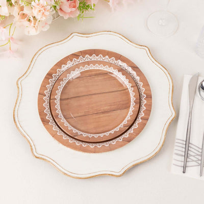 25-Pack Paper Round Dinner Plates 10" Brown Wood Grain Print with White Floral Lace Rim - Disposable Party Plates Rustic & Nature-Inspired Events
