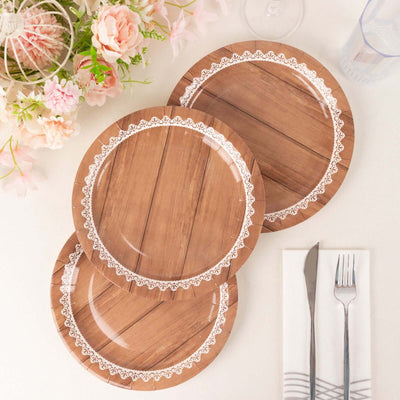 25-Pack Paper Round Dinner Plates 10" Brown Wood Grain Print with White Floral Lace Rim - Disposable Party Plates Rustic & Nature-Inspired Events