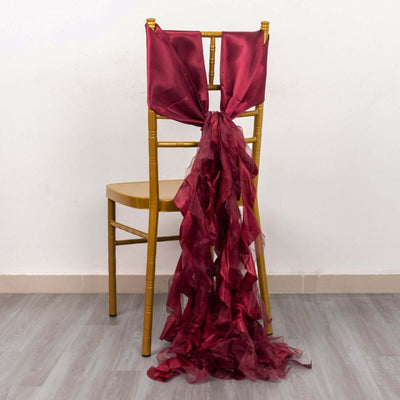 5 Pack Chiffon Satin Chair Sashes Burgundy Curly Willow Style - Easy to Use Flowy Chair Bows