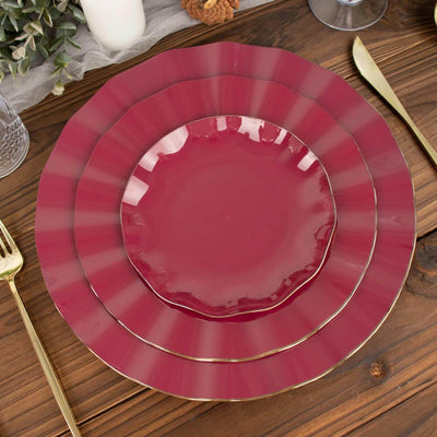 10-Pack Plastic Round Dessert Plates 6" Burgundy Ruffled Rim with Gold Edging - Heavy Duty Disposable Salad Appetizer Dinnerware