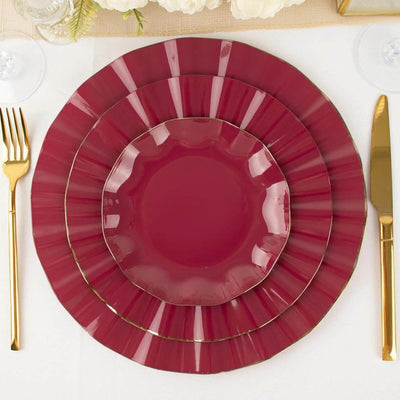 10-Pack Plastic Round Dessert Plates 6" Burgundy Ruffled Rim with Gold Edging - Heavy Duty Disposable Salad Appetizer Dinnerware