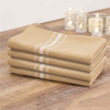 10 Pack Champagne Spun Polyester Bistro Napkins with White Reverse Stripes, Premium Restaurant Quality Cloth Napkins - 18"x22"