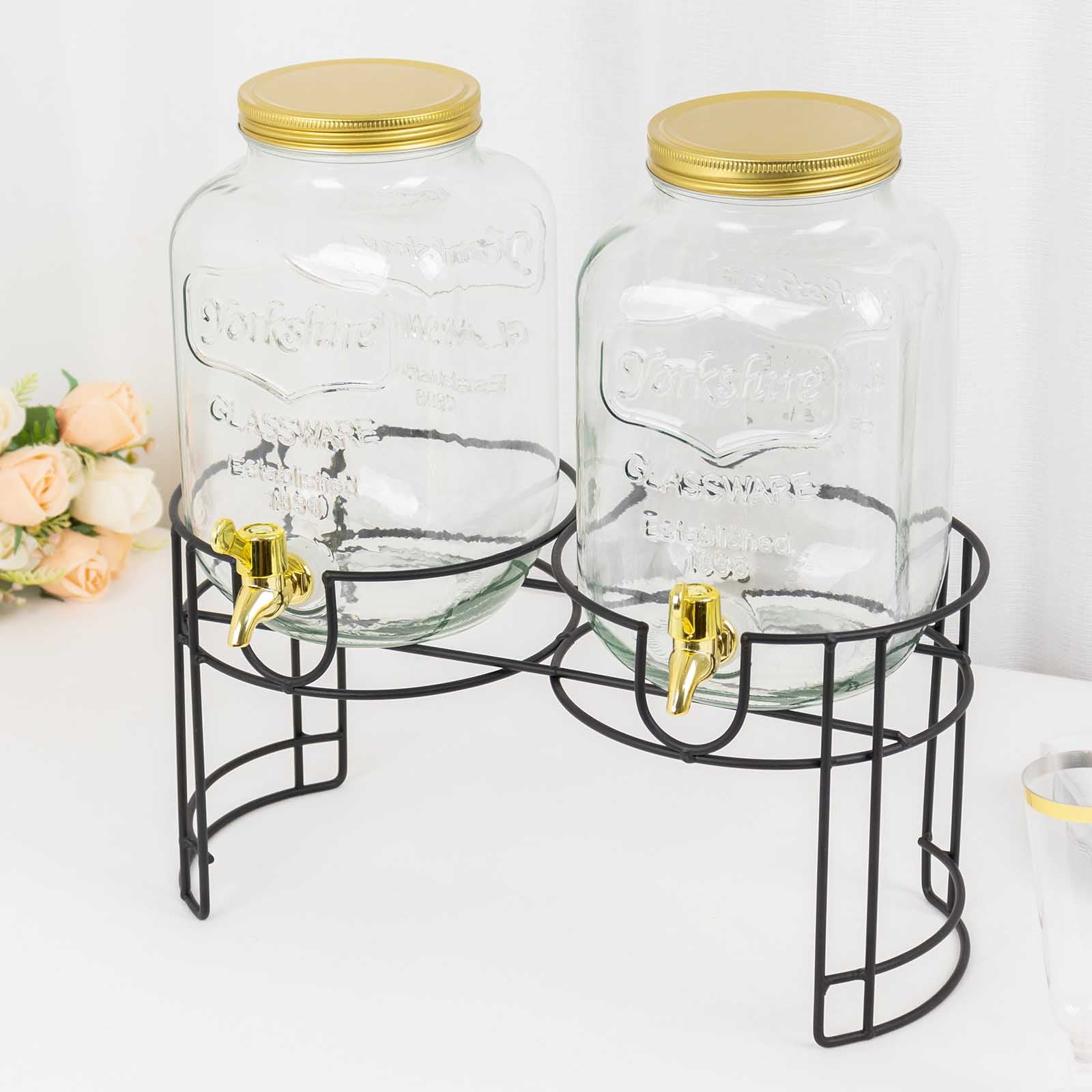 2 Pack Clear Dual Gallon Glass Jars Dispenser With Gold Metal Lids