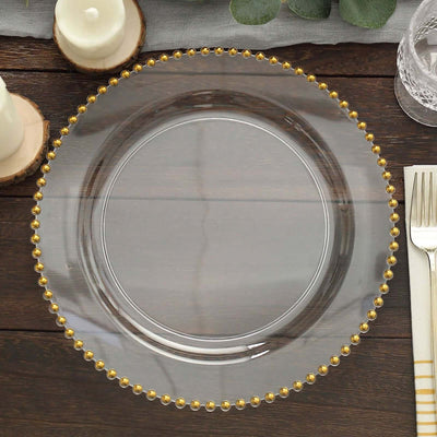 10-Pack Plastic Round Dinner Plates 10" Clear with Gold Beaded Rim - Disposable Party Plates