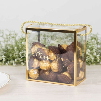 25 Pack Gold Trimmed Clear PVC Favor Boxes with Rope Handles and Thank You Print, Transparent Portable Candy Gift Boxes - 5.5"x5.5"