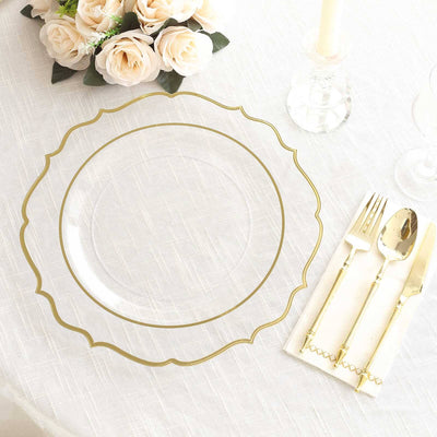 10-Pack Economy Plastic Charger Plates 13" Round Clear with Gold Scalloped Rim - Decorative Dinner Party Serving Plates