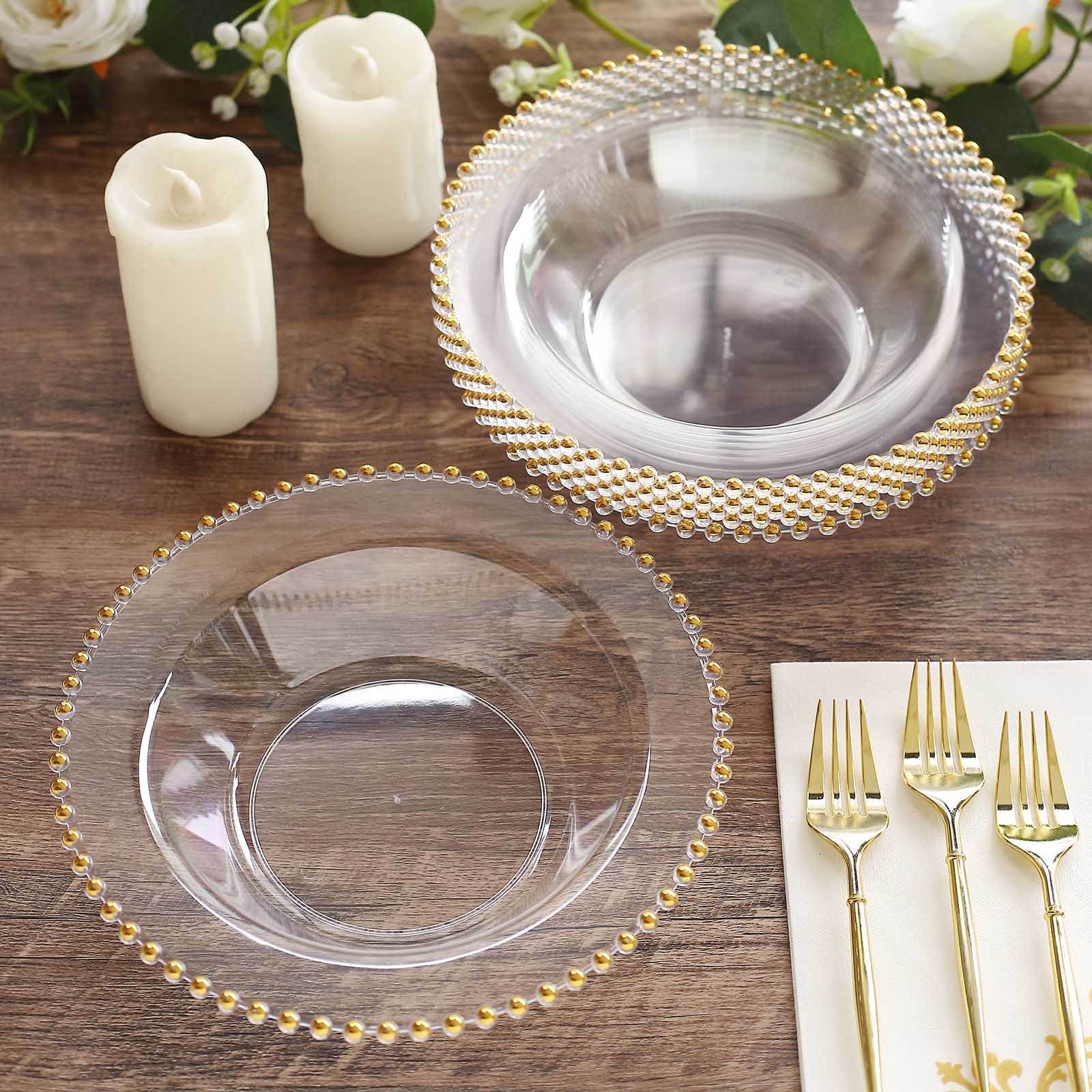 Clear / Gold Beaded Rim Plastic Dinner Plates