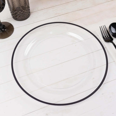 10-Pack Plastic Round Dinner Plates 10" Clear with Black Rim - Sleek Disposable Party Plates