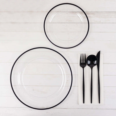 10-Pack Plastic Round Dinner Plates 10" Clear with Black Rim - Sleek Disposable Party Plates