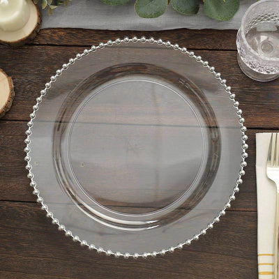 10-Pack Plastic Round Dinner Plates 10" Clear with Silver Beaded Rim - Disposable Party Plates