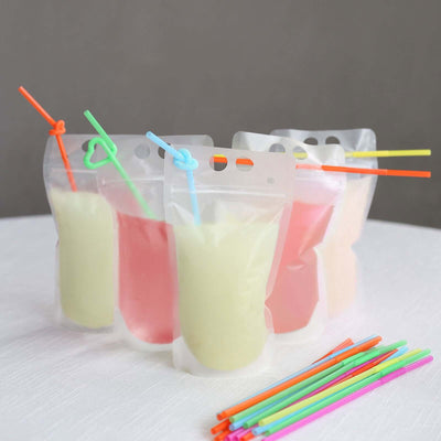 50-Pack Plastic Drink Pouches 12oz Clear with Straws and Zipper