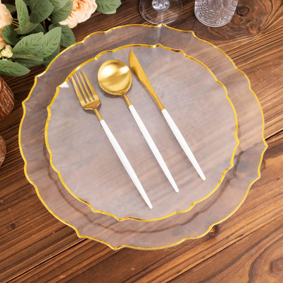 10-Pack Plastic Round Dinner Plates 10" Clear Sunflower with Gold Scalloped Rim - Disposable Party Plates for Sophisticated Events & Celebrations