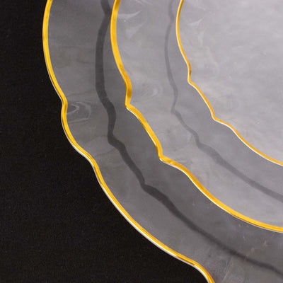 10-Pack Plastic Round Dinner Plates 10" Clear Sunflower with Gold Scalloped Rim - Disposable Party Plates for Sophisticated Events & Celebrations