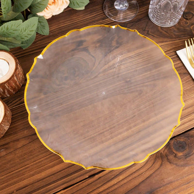 10-Pack Plastic Round Dinner Plates 10" Clear Sunflower with Gold Scalloped Rim - Disposable Party Plates for Sophisticated Events & Celebrations