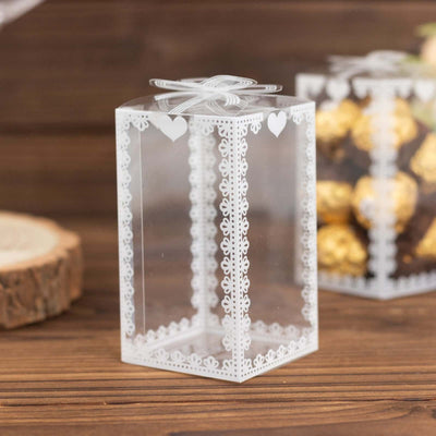 25 Pack Clear Rectangle Party Favor Boxes With Bowknot and White Lace Pattern, 4" Transparent Plastic Candy Gift Boxes - 2"x2"x4"