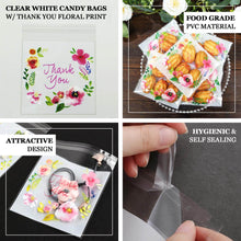 100 Pack Clear White PVC Cookie Candy Bags With Thank You Floral Print