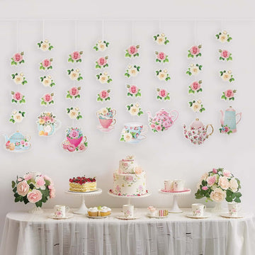 8 Pack Double Sided Floral Tea Party Paper Garland, Pre-Assembled Mixed Teapot Banner Hanging Decorations - 40"