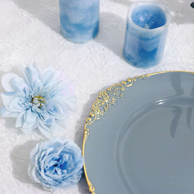 6-Pack Acrylic Charger Plates 13" Round Dusty Blue with Gold Embossed Baroque Rim - Antique Decorative Dinner Tableware
