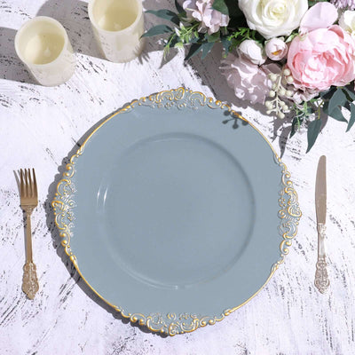 6-Pack Acrylic Charger Plates 13" Round Dusty Blue with Gold Embossed Baroque Rim - Antique Decorative Dinner Tableware