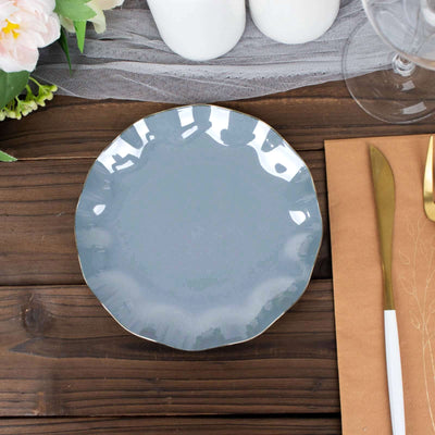 10-Pack Plastic Round Dessert Plates 6" Dusty Blue Ruffled Rim with Gold Edging - Heavy Duty Disposable Salad Appetizer Dinnerware