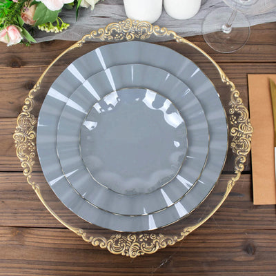 10-Pack Plastic Round Dinner Plates 9" Dusty Blue Ruffled Rim with Gold Edging - Heavy Duty Disposable Dinnerware