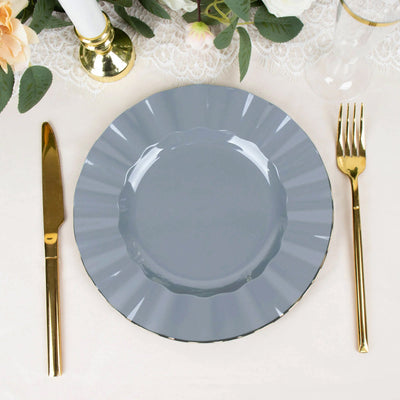 10-Pack Plastic Round Dinner Plates 9" Dusty Blue Ruffled Rim with Gold Edging - Heavy Duty Disposable Dinnerware