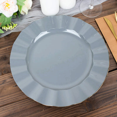 10-Pack Plastic Round Dinner Plates 11" Dusty Blue Ruffled Rim with Gold Edging - Heavy Duty Disposable Dinnerware